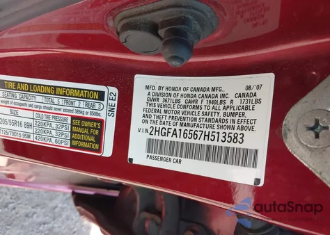 2007 Honda Civic Lx from USA, damaged, VIN 2HGFA16567H513583